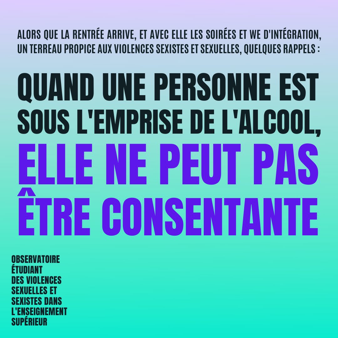 ObservatoireVSS's tweet photo. ⚠️TW : #violencessexistesetsexuelles 

➡️ C’est la rentrée, et qui dit rentrée dit soirées et week-ends d’intégration !
En cette période propice aux violences, il nous semble important de rappeler certaines notions de base, dont celle du consentement ⤵️

1/2 https://t.co/hzCaaoSBKg
