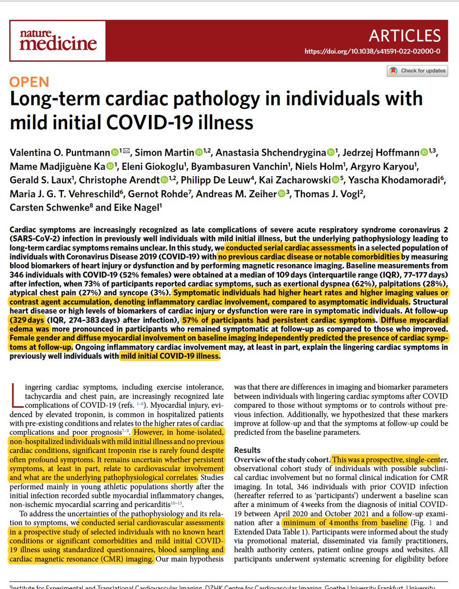 Eric Topol (@erictopol) on Twitter photo 🆕 <a href="/NatureMedicine/">Nature Medicine</a>
Heart manifestations of #LongCovid
A prospective MRI study of 346 people with mild Covid, and controls, demonstrated myocardial inflammation at 3 months, worse w/ symptoms, and edema at ~1 year
by @v_puntmann and colleagues <a href="/GoetheCVI/">GoetheCVI</a>
nature.com/articles/s4159… 🆕 <a href="/NatureMedicine/">Nature Medicine</a>
Heart manifestations of #LongCovid
A prospective MRI study of 346 people with mild Covid, and controls, demonstrated myocardial inflammation at 3 months, worse w/ symptoms, and edema at ~1 year
by @v_puntmann and colleagues <a href="/GoetheCVI/">GoetheCVI</a>
nature.com/articles/s4159…