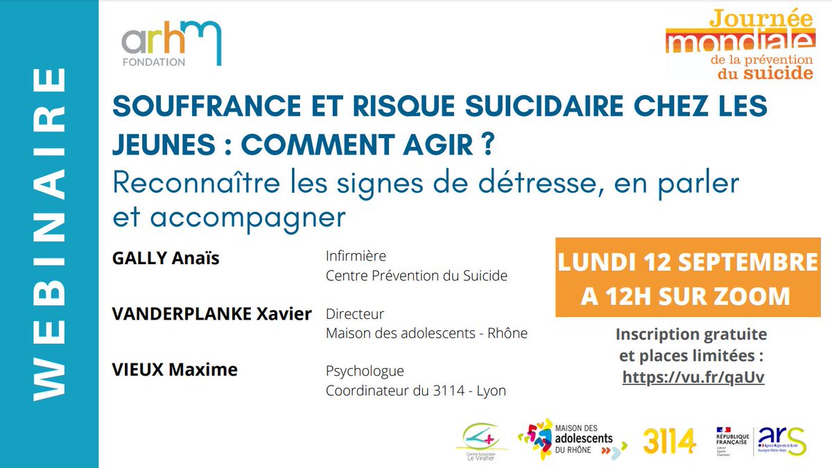 #JMPS : webinaire organisé par l’Institut Bergeret à l’occasion de la Journée mondiale de prévention du suicide, en partenariat avec @ChVinatier, la Maison des adolescents du Rhône et <a href="/3114_appel/">𝟯𝟭𝟭𝟰</a> le 12 septembre 2022 à 12h ▶️…erisquesuicidairejeunes.eventbrite.fr
