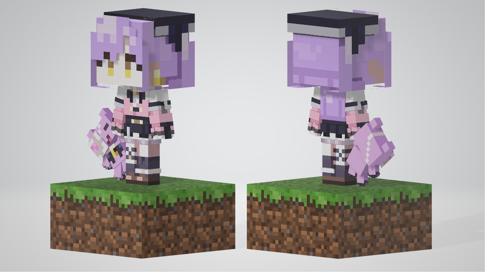 おこめくらふと 10 紫宮るな さんの新衣装で Minecraftスキンを作成しました 今回は追加で シュガちゃん も作成 持たせてみました ダウンロードは下記リンクからどうぞ 3dデータ Gltf 同梱 着用時は スリム 設定でお願いします