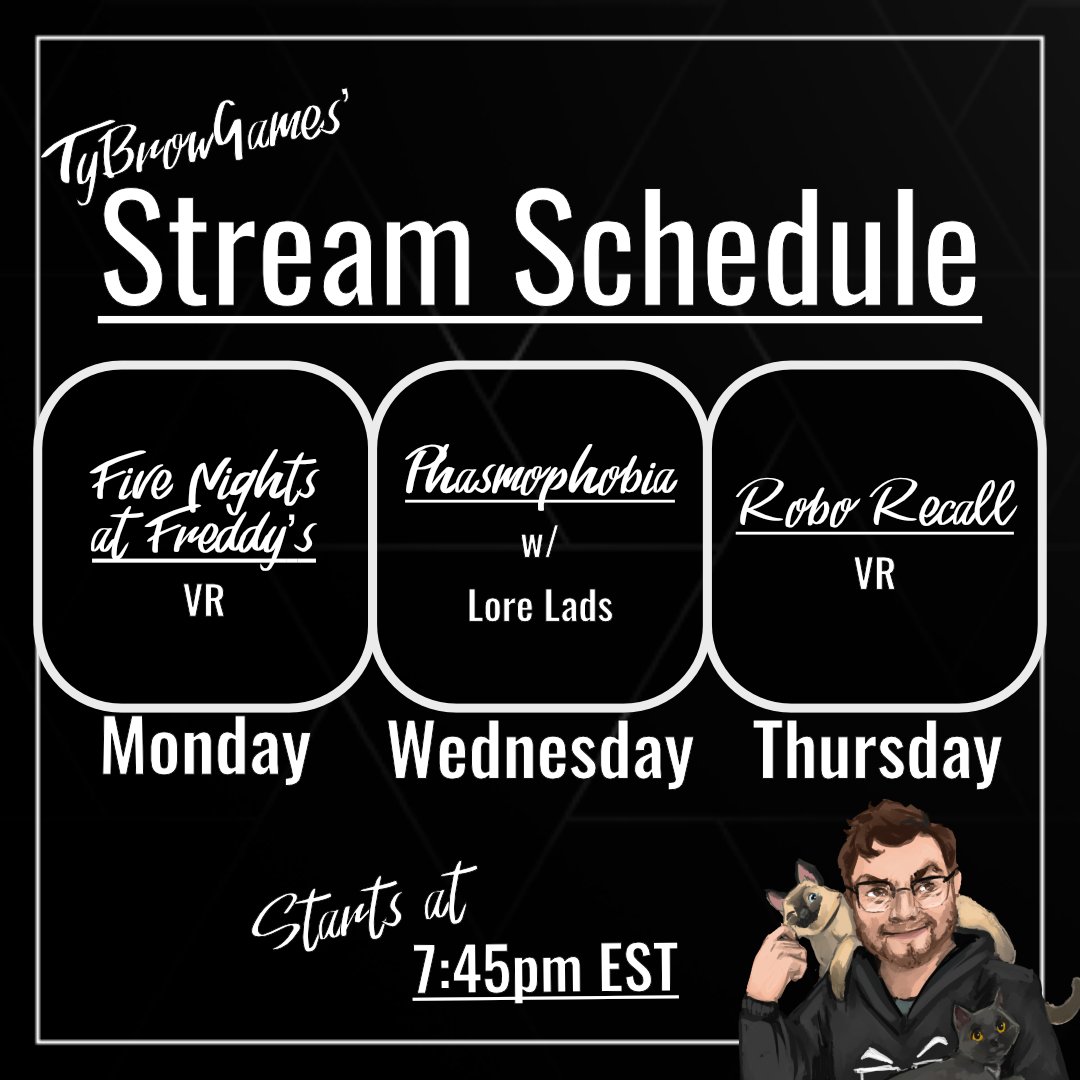 TyBrowGames's tweet photo. It's gonna be a fun week! Gotta flex the new VR setup a little bit ;)

MON-#FiveNightsAtFreddys Help Wanted in VR
WED-#Phasmophobia w/ Lore Lads
THU-#RoboRecall in VR

You def don't want to miss tonight's FNAF VR stream; I'll likely scream pretty regularly https://t.co/R0Z50pX2YX