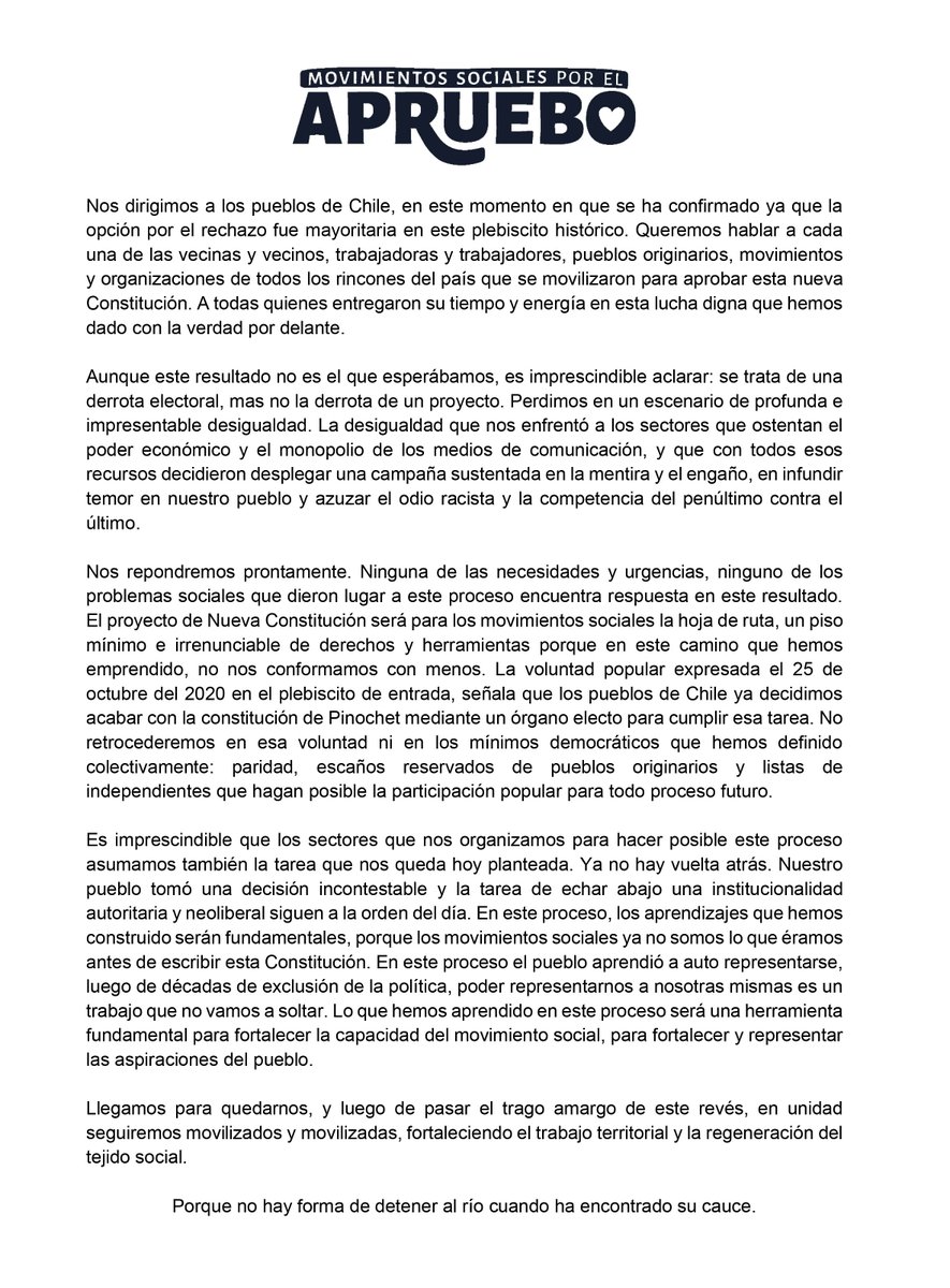 modatima_aysen's tweet photo. 🌱 Declaración del Comando de los Movimientos Sociales por el Apruebo. 
Porque no hay forma de detener al río cuando ha encontrado su cauce. https://t.co/Ggcl1qPVrb