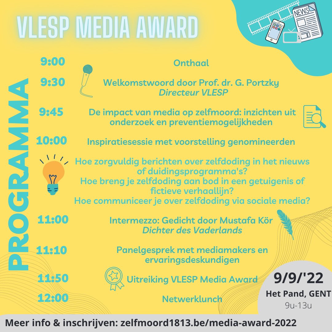 UITNODIGING - Deze vrijdag 9/9 oganiseren we een inspirerende voormiddag over hoe we media kunnen inzetten voor de preventie van suïcide. Ook Mustafa Kör is van de partij én we maken de winnaar bekend van de VLESP Media Award. Schrijf je snel nog in via zelfmoord1813.be/media-award-20…