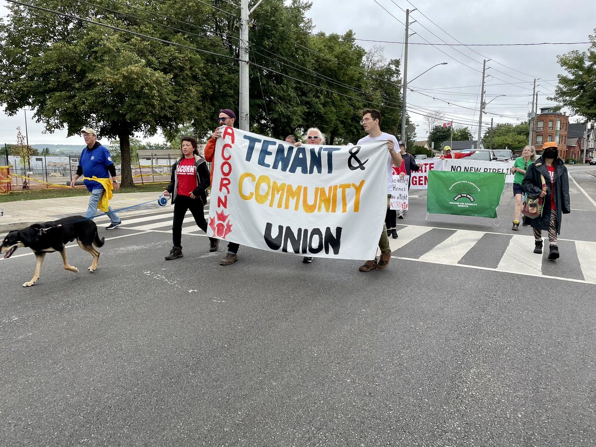 AcornHamilton's tweet photo. Marching with other community groups for #HamOnt @hamiltonlabour Labour Day Parade!
#homesoverprofit #raiseODSP #climatejustice https://t.co/ASQhg1tVGr