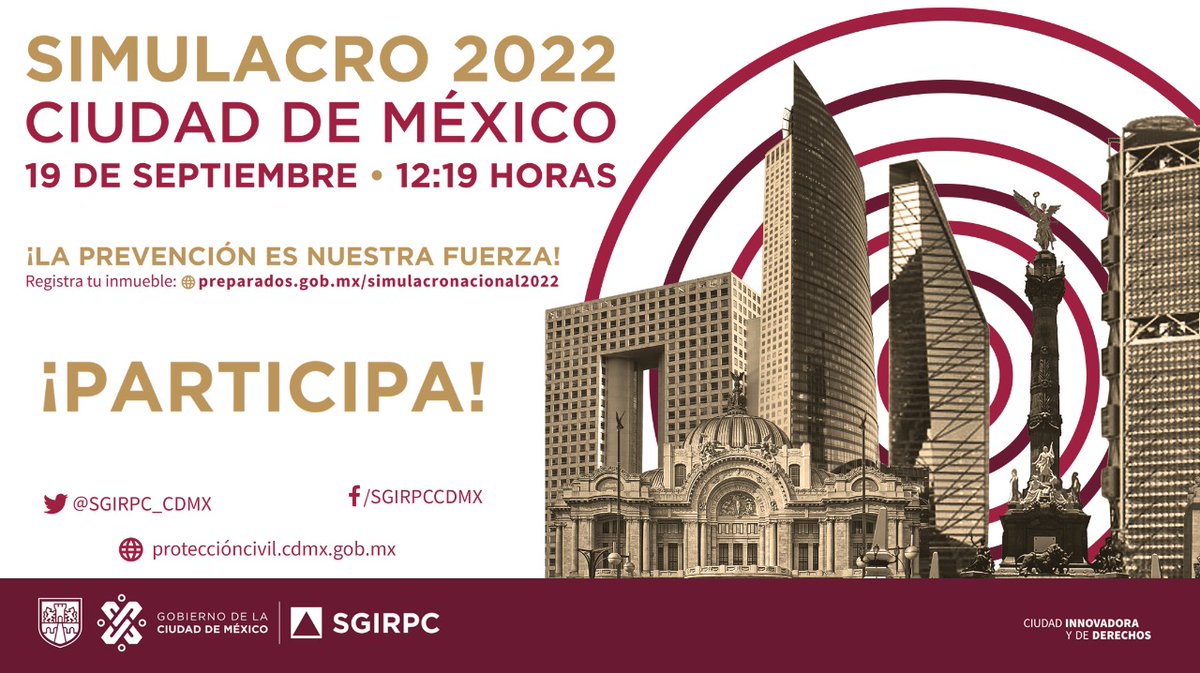 SGIRPC_CDMX's tweet photo. Participa el próximo 19 de septiembre de 2022 a las 12:19 hrs. en el #SimulacroNacional2022

Recuerda que a esa hora se activará la 📢#AlertaSismica

Registra tu inmueble en ➡️ https://t.co/W4YEEweRgt

#LaPrevenciónEsNuestraFuerza https://t.co/gWLkMvIL4x