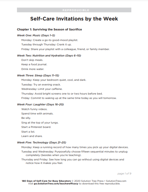 Need some #selfcare inspiration? You can start with this list of ideas, organized by week, from 180 Days of Self-Care for Busy Educators by <a href="/THBoogren/">Tina H. Boogren, PhD</a>.

Download this and more free resources: bit.ly/3x4OWqT
