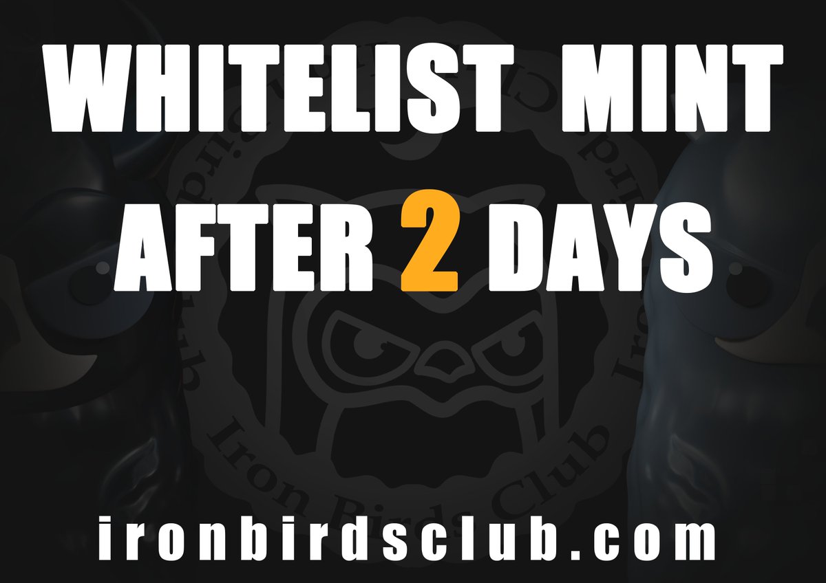 IronBirdsClub's tweet photo. Countdown 2 days!!!
⏱️ Whitelist Deadline: 06/09 15:00 UTC
➡️If you don't have a whitelist yet, hurry up and get qualified.
#IronBirdsclub #FreeMint #NFT #PREMINT #NFTGiveaway #WLGiveaways #nftart #nftcommunity #nftdrop #nftcollectors #comingsoon #NFTS #Moonbirds #Revengebirds https://t.co/mzVNycFuPB