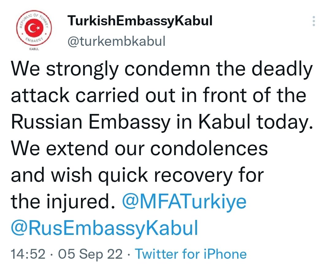 AfghanAnalyst2's tweet photo. UNAMA, China, Iran and Turkey condemned today's #suicide_attack in the gate of #Russian_embassy in #Kabul City.
@UNAMAnews stressed "the need for the de facto authorities (the #Taliban) to take steps to ensure the safety and security of the people as well as diplomatic missions." https://t.co/ASV6ipvnS7