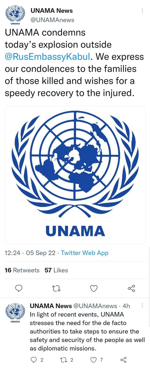 AfghanAnalyst2's tweet photo. UNAMA, China, Iran and Turkey condemned today's #suicide_attack in the gate of #Russian_embassy in #Kabul City.
@UNAMAnews stressed "the need for the de facto authorities (the #Taliban) to take steps to ensure the safety and security of the people as well as diplomatic missions." https://t.co/ASV6ipvnS7