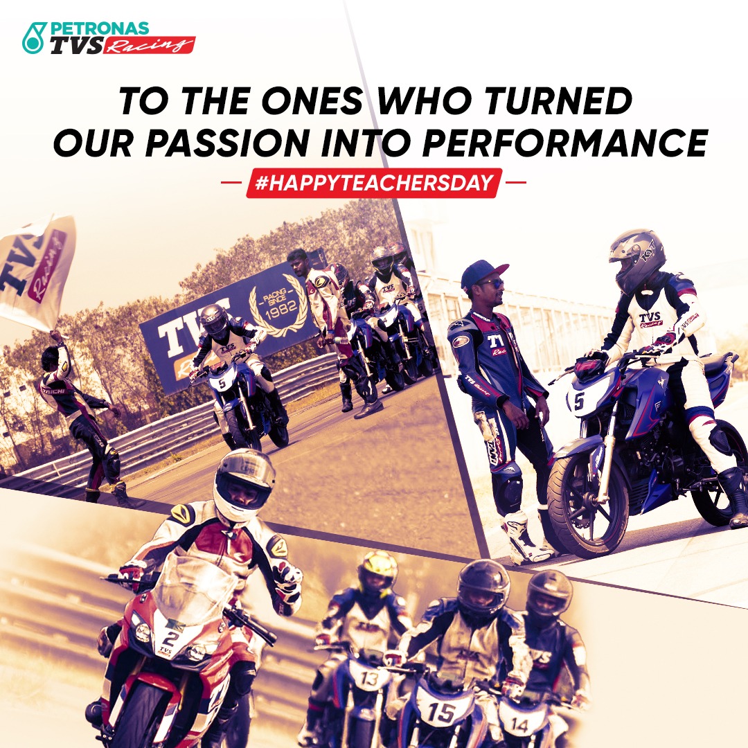 TVS_Racing's tweet photo. Lessons beyond books are taught on the tracks! Happy Teacher’s Day
#TeachersDay #FuelledByFire #PETRONASTVSRacing #TVSMotorCompany #TVSRacing #Petronas #PETRONASSprinta #EngineeringGoosebumps #BornForRacing #Racing #Motorsports https://t.co/u3kVAF3VpV