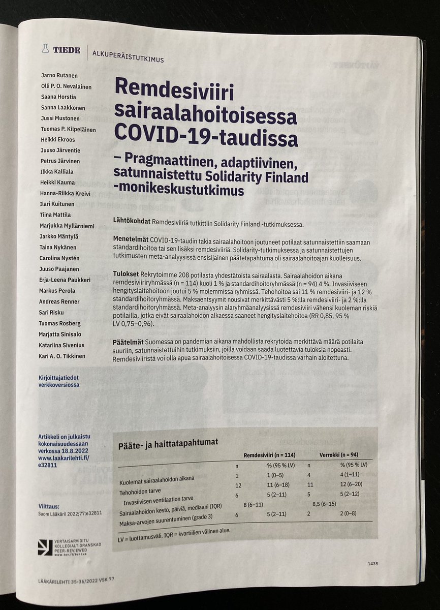 Lyhyestä virsi kaunis, sanoo 🇫🇮 sananlasku 

Tämän mukaisesti toimii nykyään myös <a href="/Laakarilehti/">Lääkärilehti</a> 

Satunnaistetun #SolidarityFinland-#remdesiviiri-tutkimuksen sairaalavaiheen tulokset tänään paperiversiona (1 sivu)

Koko artikkeli osoitteessa: laakarilehti.fi/tieteessa/alku…

#covid #ebm