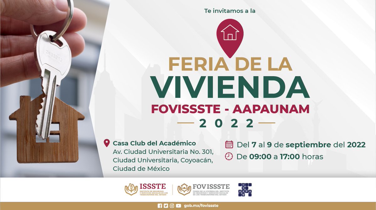 FOVISSSTEmx's tweet photo. Acercamos la #FeriaDeLaVivienda a nuestros derechohabientes.  

📅 Del 7 al 9 de septiembre del 2022  

Acude e inicia trámites; resolvemos tus dudas y te informamos de los créditos #FOVISSSTE.  

🕰️ De 9:00 a 17:00 horas  

📍Casa Club del Académico https://t.co/2zaULwCYjg
