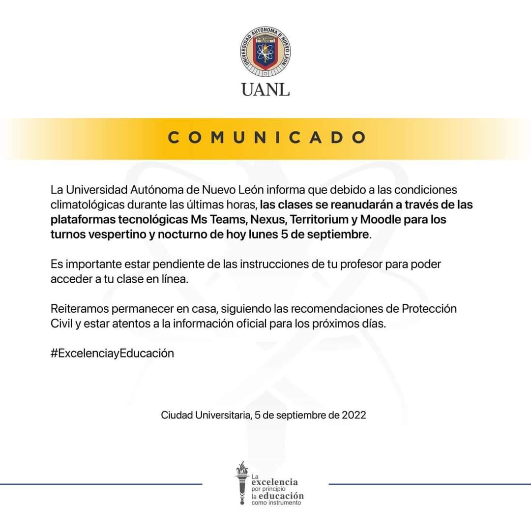 #ENTÉRATE 📢 Alumnos de la #UANL, de los turnos VESPERTINO y NOCTURNO, reanudarán clases en línea debido a las recientes lluvias en el Estado.

<a href="/uanl/">UANL</a>