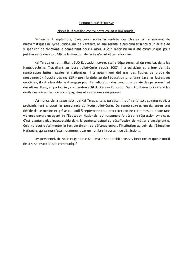 tpamz's tweet photo. 💥💥 [URGENT] Non à la répression contre Kai Terada
➡️ Ce professeur mobilisé du lycée Joliot Curie de Nanterre (92) a été suspendu à titre conservatoire pour 4 mois! Et il a appris la nouvelle par courrier ce matin!
#SoisProfEtTaisToi
#SoutienAKaiTerada
https://t.co/fVJ5P7UoFS https://t.co/0Tvbcd5LaL