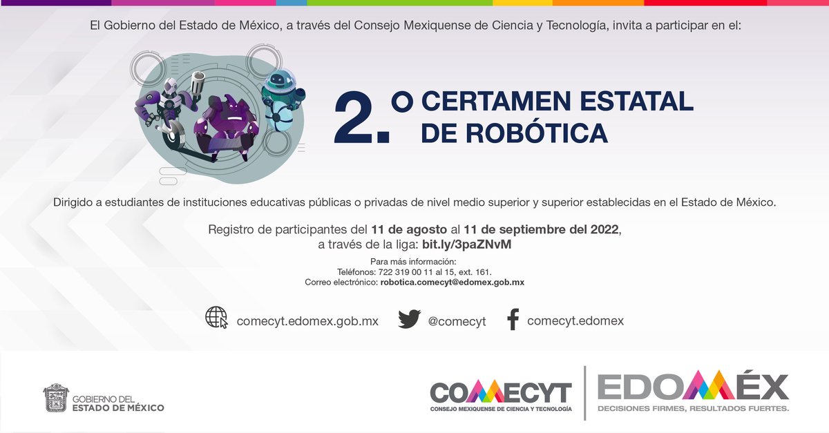 comecyt's tweet photo. 🤖Segundo Certamen Estatal de Robótica COMECYT 2022 🤖 

Más información en https://t.co/8TaRNzwgVJ 

¡Regístrate aquí! https://t.co/wAL76Az2qd

#COMECYT #SCER #Edoméx https://t.co/528m1wsttM