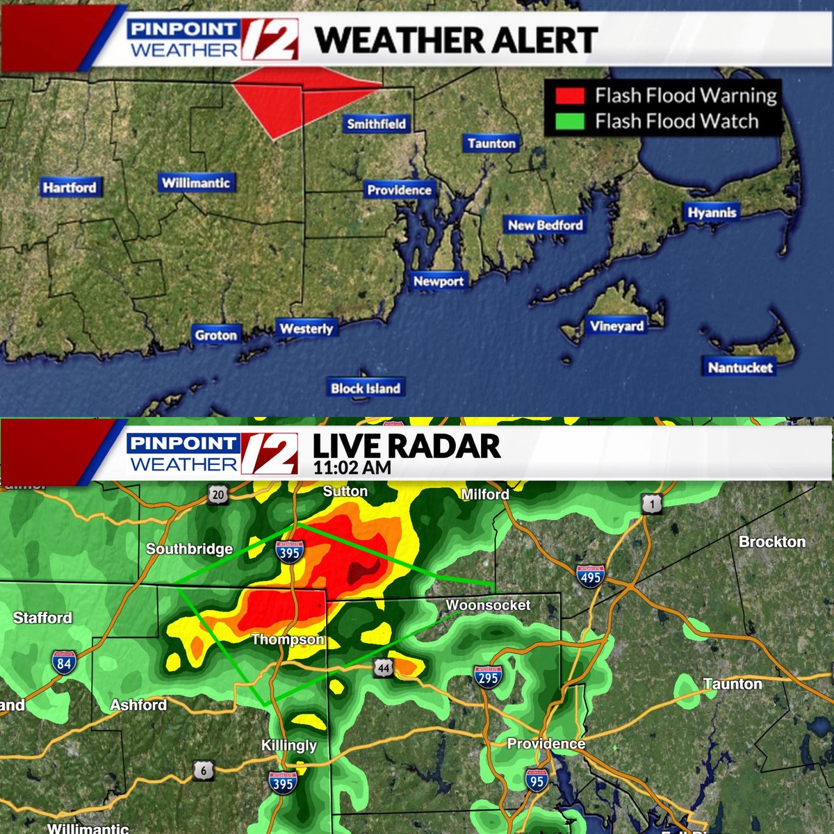 Flash Flood Warning issued for parts of northern Providence county. Use caution while driving and avoid any roads under water. Slow-moving downpours can drop 2-3 inches in a short time. @wpri12