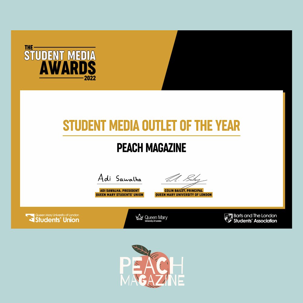 We are delighted to announce we received the Student Media of the Year award! We want to say a huge thank you to everyone who voted for us and everyone who has made PEACH Magazine special this year💕🍑