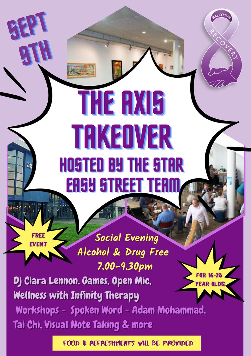 Join us on Friday September 9th for our AXIS TAKEOVER! A free event for 16-28 year olds, with food and refreshments provided. Lots to look forward to with…

💜 DJ Ciara Lennon
💜Games
💜Open mic
💜Wellness
💜 Workshops

We can’t wait to see you there! 🌟