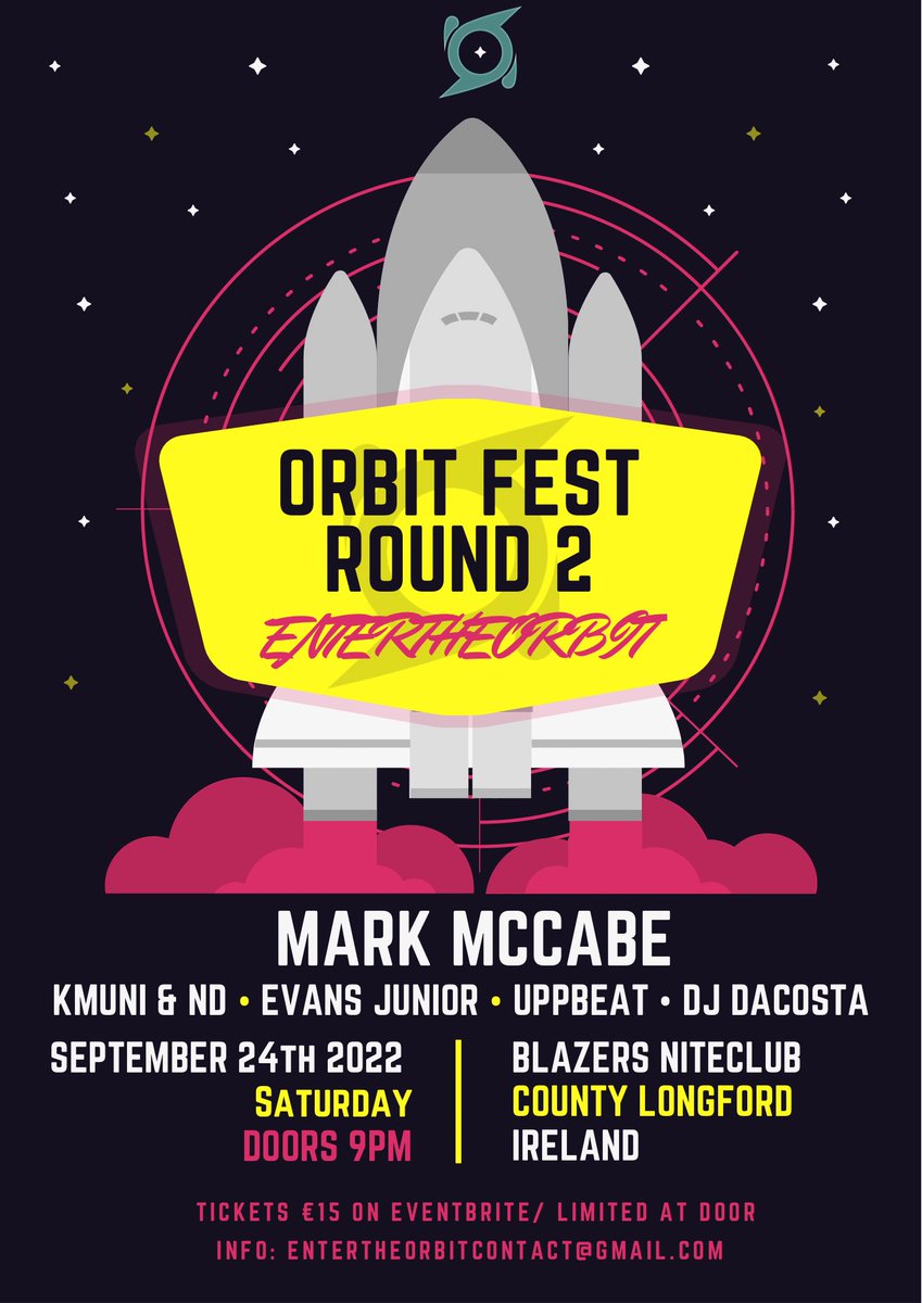 entertheorbit_'s tweet photo. ENTERTHEORBIT presents: Orbit Fest Round 2 feat. @MarkMcCabeIE, @UPPBEAT_Ireland, Evans Junior, Kmuni &amp; ND and DJ DaCosta.

Tickets - https://t.co/Zi3f2W7VHy https://t.co/IhjLMqwF0v