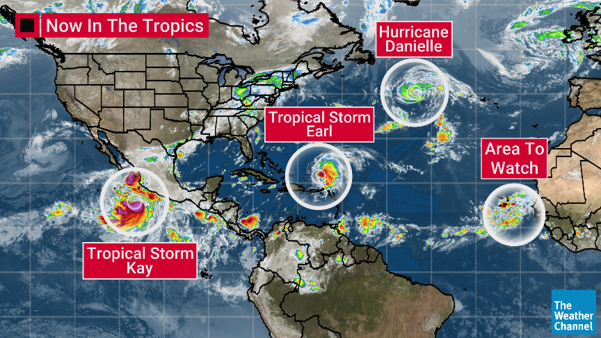 The weather stays unsettled in the East for Labor Day and beyond, while the West continues to bake... Also tracking several named systems across the Pacific (Kay) and Atlantic (Danielle and Earl), with an area to watch southeast of the Cabo Verde Islands.