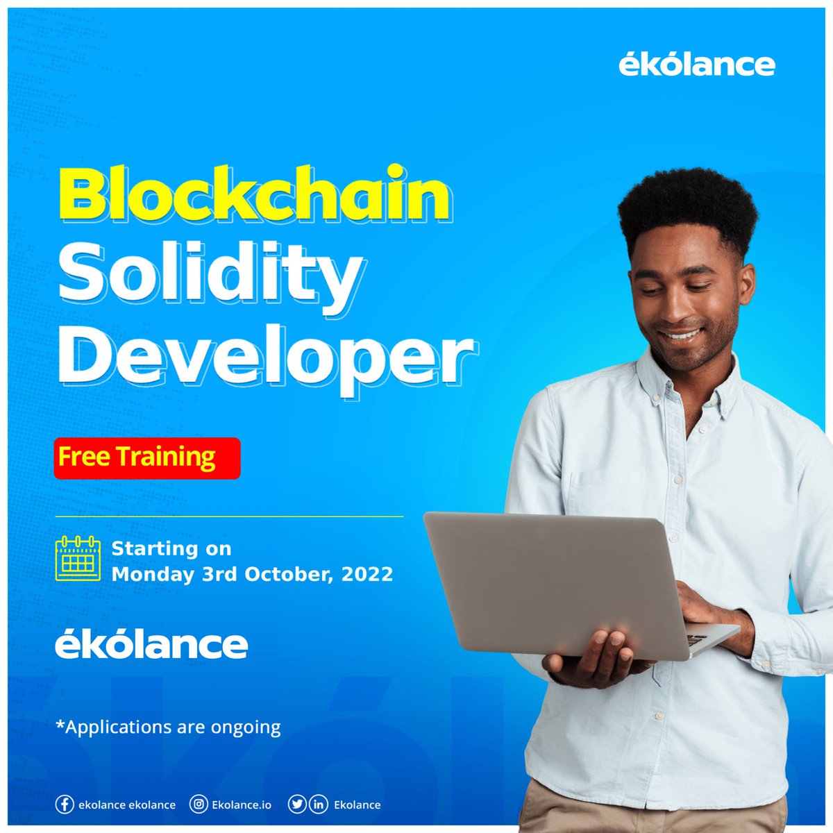 ekolance's tweet photo. 🥁 NEW TRAINING ALERT FOR 
SOLIDITY DEVELOPERS 🥁

Ekolance is starting a blockchain Solidity developer training on the 3rd of October, 2022. 
Join the Ekolance training for Solidity developers

https://t.co/FZY0iC9PwZ

#careerinblockchain #soliditydeveloper #blockchaintechnology https://t.co/IdeQho0LTU
