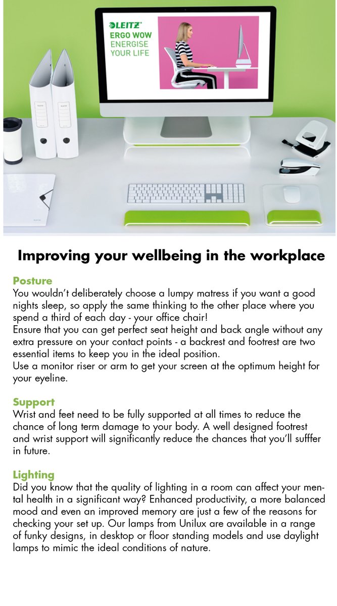 Improving your wellbeing in the workplace
Health and well being should be your top priority when choosing equipment for your workplace, and it's a fact that the right gear will actually energise you, rather than leaving you in a state of disrepair - read our guide: