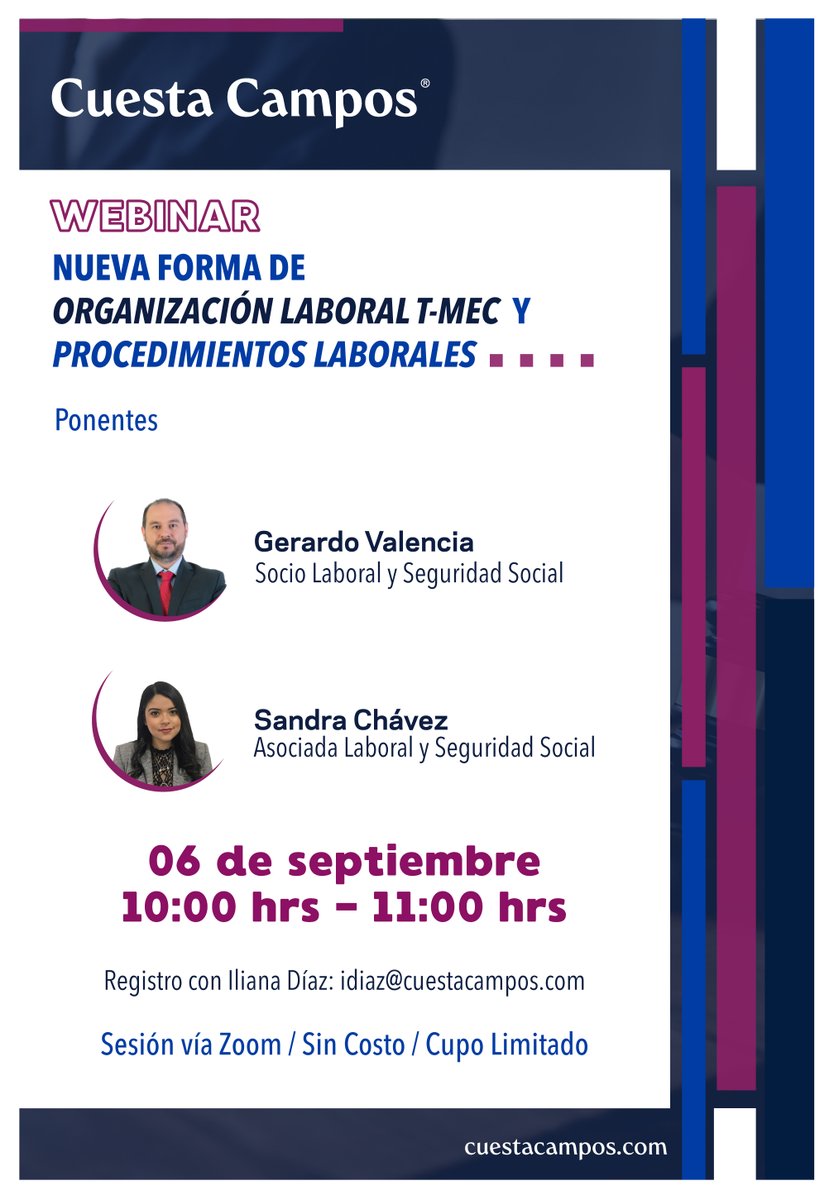 ¿Ya te inscribiste a nuestro webinar? "Nueva forma de organización laboral T-MEC y procedimientos laborales" con nuestro socio <a href="/valenciagerardo/">Gerardo Valencia</a> y asociada Sandra Chávez. Confirma tu participación con Iliana Díaz a idiaz@cuestacampos.com.
