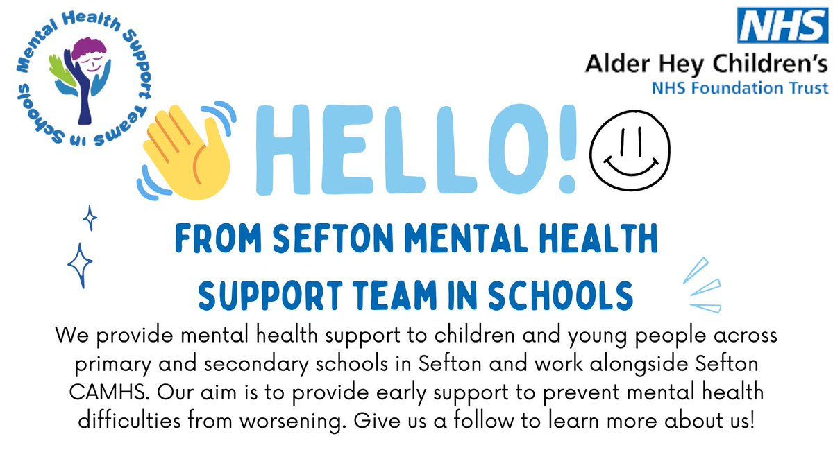 Hello from Sefton MHST! 

Good luck to everyone going back to school this week. Our team are in schools across Sefton to provide support for those feeling nervous or worried about going back.

Give us a follow to keep in the loop and get ideas about how to improve your wellbeing
