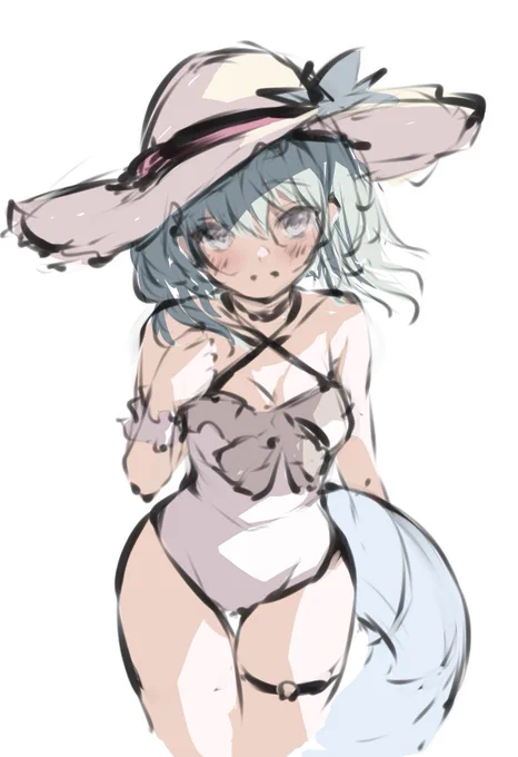 夏の終わりに水着うちの子ちゃんを描きたいラフ 