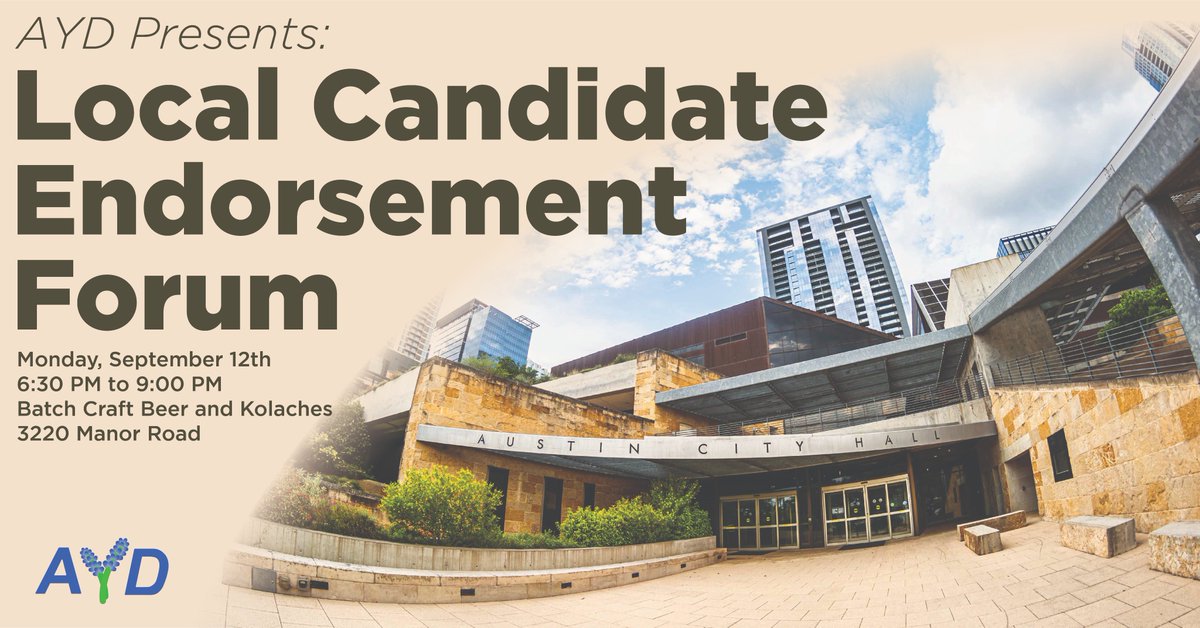 AustinYoungDems's tweet image. Join us for our endorsement forum next Monday, September 12 from 6:30 PM to 9 PM at the Batch brewery on Manor!

We will be hearing from candidates for Mayor, City Council, AISD board, and ACC board, and then AYD members will caucus and vote on which candidates to endorse. 💙💙💙