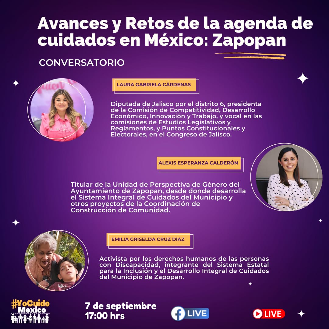 !!Buen día !! excelente inicio de semana ! 
#PolíticasDeCuidados
📚 AVANCES Y RETOS DE LA AGENDA DE CUIDADOS EN MÉXICO: 📍ZAPOPAN 

🗓 Miércoles 7 de septiembre 
🕔 17:00 hrs 
⭐ Ponentes: 
- Dip.<a href="/GabyCardenas/">Gaby Cárdenas</a> 
- Dra. <a href="/alexicu/">Alexis Calderon</a> Alexis Calderón 
- Activista <a href="/milycruzdiaz/">Mily Cruz</a>
Hilo