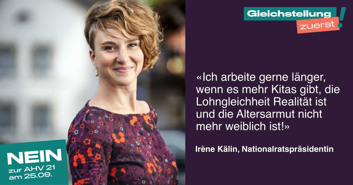 Gleichstellung zuerst! Bevor eine Rentenaltererhöhung in Frage kommt, braucht es die tatsächliche Gleichstellung in der Arbeitswelt.

👉 Sag auch du Nein zu dieser verfrühten und unfairen AHV-Reform und unterstütze uns mit einem Testimonial: ahv-nein.ch 

#AHV21Nein