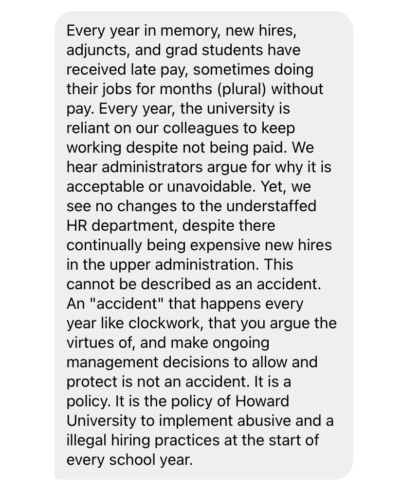 LecturersHU's tweet photo. Message from a worker reminding us #ThisIsNotNew and that FOR YEARS/DECADES #HowardUniversity has been negligent in paying workers. 

#FixOurPay #PayOurProfs #UnionStrong #HowardForward #InTruthAndService #PayUpWayne https://t.co/7AjZTKmzSt