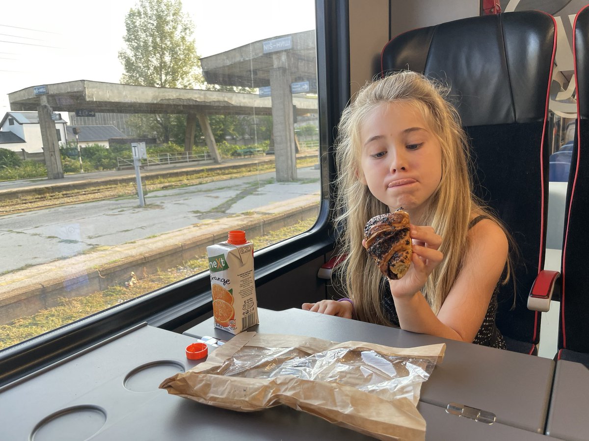 DomTulett's tweet photo. Our longest day train of the trip, from Belgrade to Niš, with its station seahorses, Roman ruins and tower of skulls. Something for everyone there #Serbia #TopBunk #travelwithkids https://t.co/lDexBVspBR