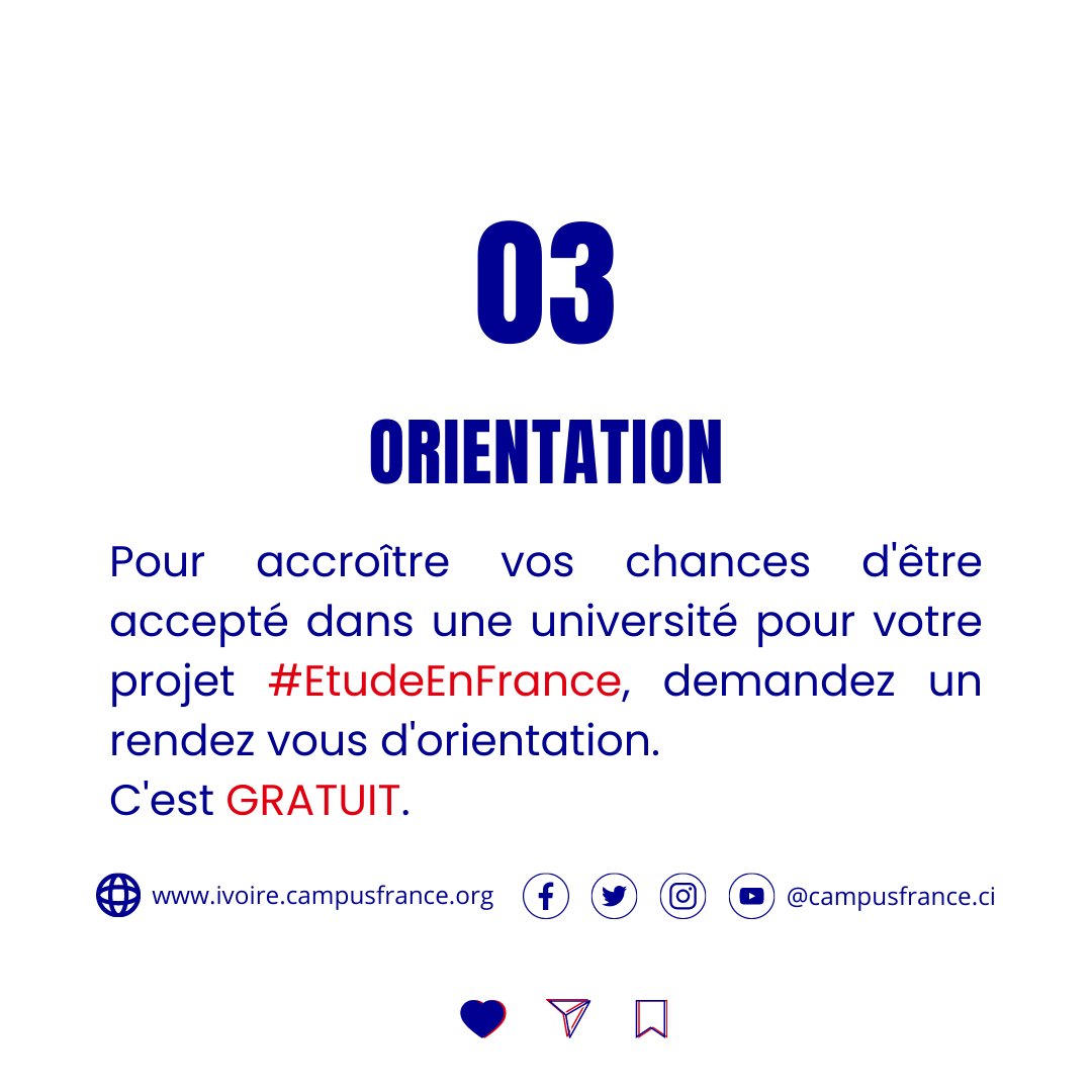 3 choses à savoir pour réussir son projet d' #EtudeEnFrance. 👇
Pour prendre un rendez-vous d'orientation,
✅cliquez sur ivoire.campusfrance.org et créez un compte 
✅Envoyez un mail à campusfrance@institutfrancais.ci (Abidjan) ou
campusfrancebouake1@institutfrancais.ci (Bouaké).