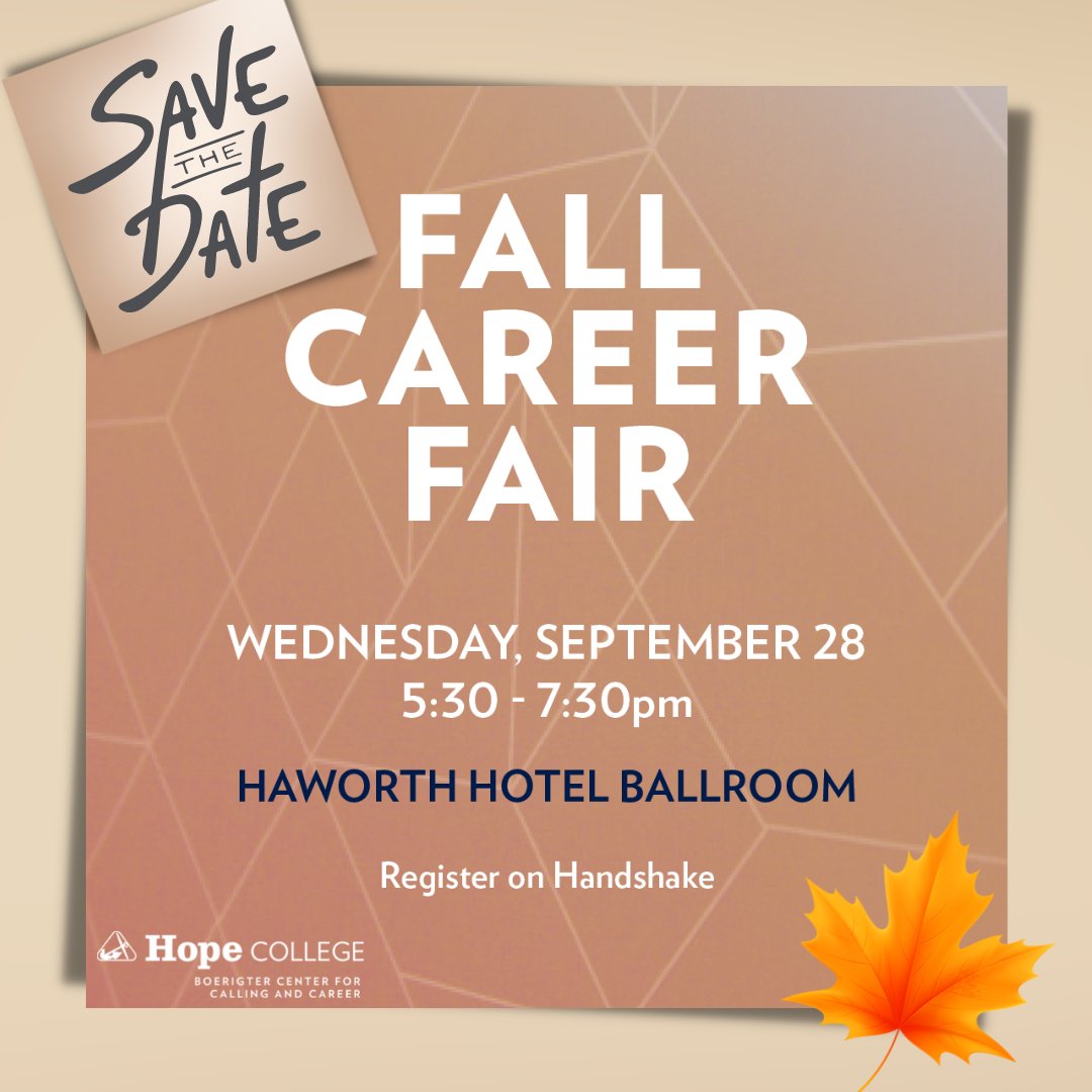 HopeCareer's tweet photo. SAVE THE DATE! The Fall Career Fair is taking place on Wednesday, September 28th from 5:30pm-7:30pm at the beautiful Haworth Hotel. #careerfair @Hopecollege 

Register today on Handshake: https://t.co/8pGykUi78b https://t.co/rkHI4YzTnz