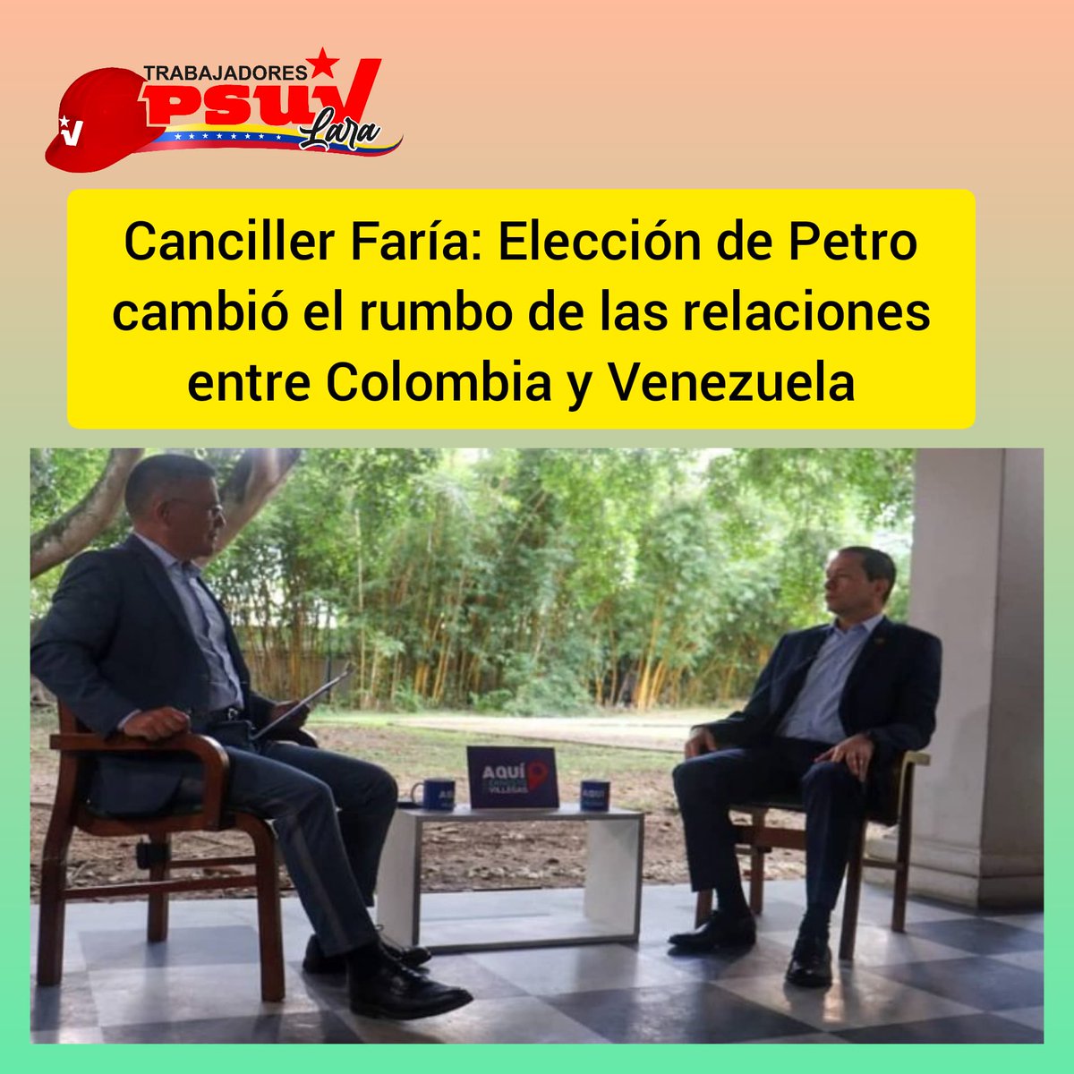 Noti Trabajadores PSUV Lara.#05Septiembre 

Canciller Faría afirmó que la elección de Petro cambió el rumbo de las relaciones entre Colombia y Venezuela. 

Presidente Maduro aseguró que Venezuela avanza de forma sostenida en el campo agrícola
#CuidemonosDeLaCovid19 <a href="/PartidoPSUV/">PSUV</a>