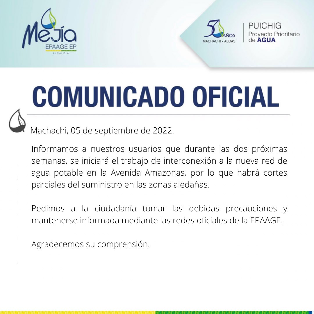 EpaaMejiaEP's tweet photo. 🛑 ATENCIÓN
Informamos a nuestros usuarios que a partir de este 📅 lunes 05 de septiembre, durante las próximas dos semanas, iniciará el trabajo de interconexión a la nueva red de agua 💧 potable en la avenida #Amazonas.
#AlcaldíaDeMejía
#Machachi
#AvenidaAmazonas https://t.co/mvx5Gcmd4O