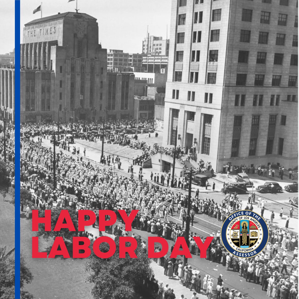LACAssessor's tweet image. In September of 1937, about 50,000 Los Angeles area workers march in the annual Labor Day parade on Spring Street in a photo taken from Los Angeles City Hall. Happy Labor Day! 🇺🇸