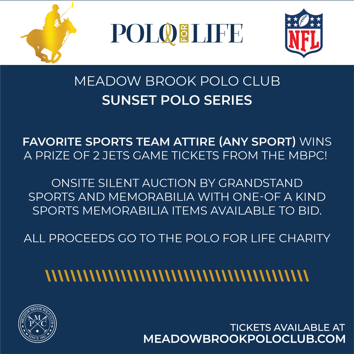 Join us this Saturday 9/10 for a special event. Onsite Silent Auction by Grandstand Sports and Memorabilia with one-of a kind sports memorabilia items available to bid.  All proceeds go to the <a href="/PoloForLifeOrg/">Polo For Life</a> - Tickets available at meadowbrookpoloclub.com/tickets/