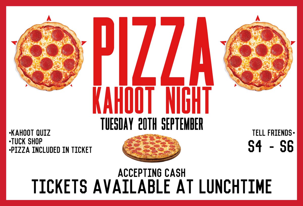 Join us S4s, S5s and S6s on Tuesday the 20th of September from 6-8pm for a pizza quiz night! 

Tickets will become purchasable in the social area for £5 at lunch time which includes your entry and your pizza (cheese, pepperoni) so please bring cash if you’re interested