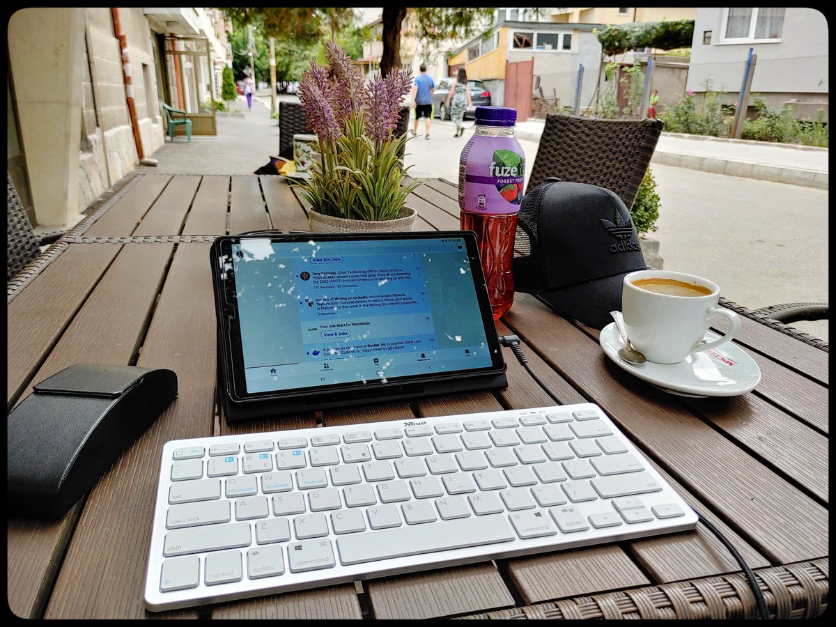 Is this the office of the future? Today I was browsing LinkedIn on my tablet with a Bluetooth keybord, while my coffee and my tea were on the side. It was so nice.      #tablet #office #future #workplace #caffeine #coffee #espresso