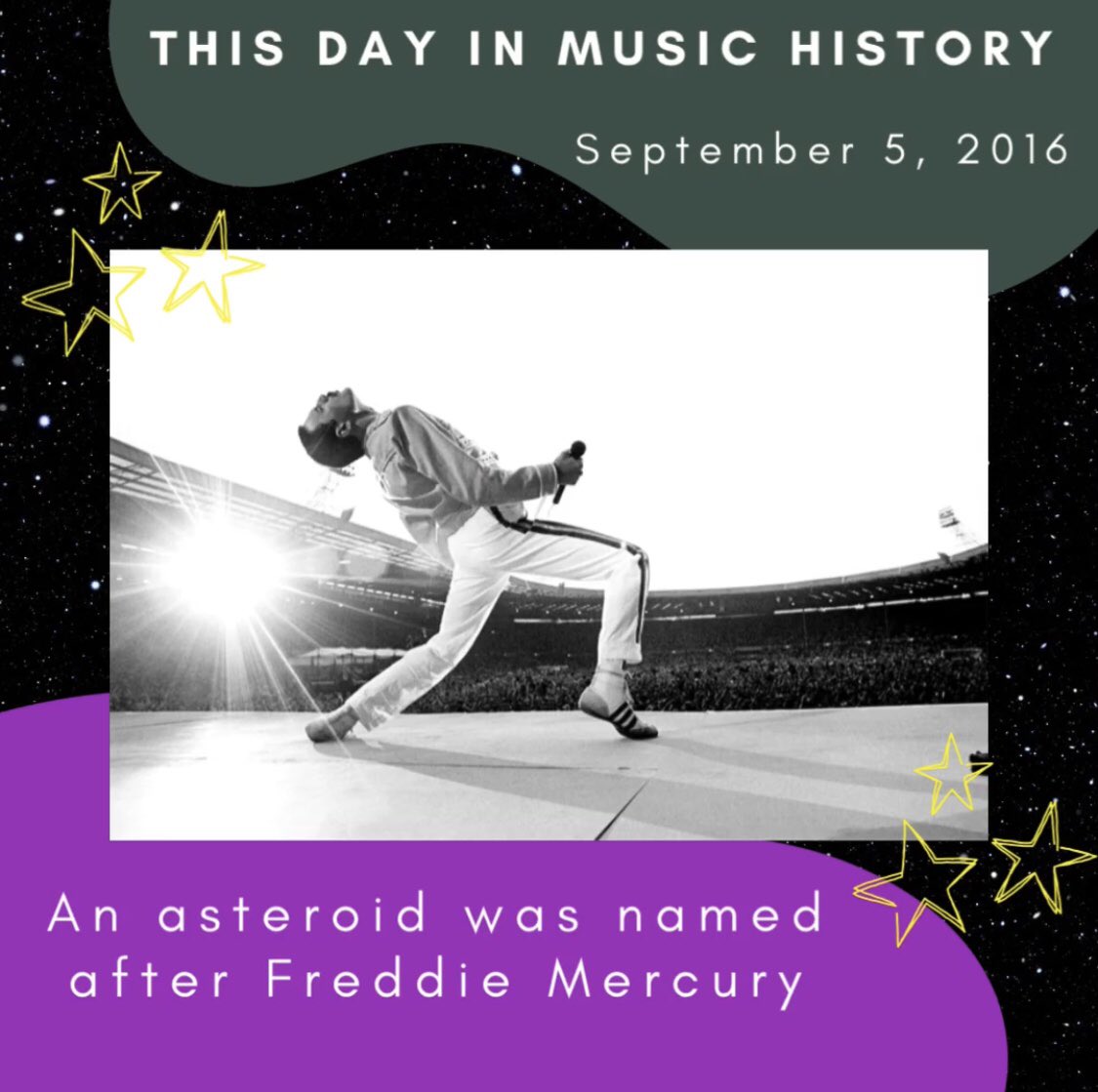 kmsa913's tweet photo. Happy Monday Mavs! On this day in music history, an asteroid was named after Freddie Mercury to mark what would have been the singer’s 70th birthday! 💫

Asteroid 17473, was discovered in 1991, the same year the Queen frontman passed away ☄️

#localradio #cmesau #grandjunction https://t.co/rPOeay6WlS