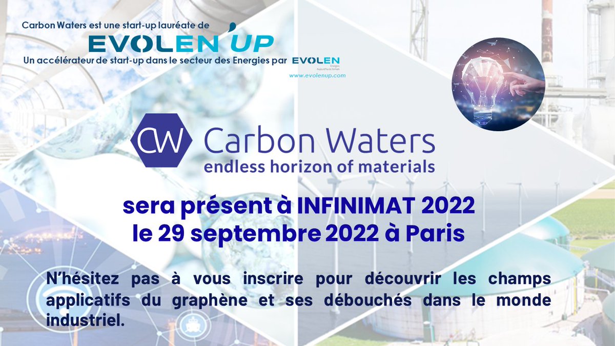 🚀Participez à l’événement INFINIMAT où @CarbonWaters, lauréate de l’accélérateur EVOLEN’ UP, sera mise en avant grâce à ses additifs innovants à base de graphène

📅 Rendez-vous le 29 septembre 2022

N’attendez pas pour vous inscrire ! 👉 cw-infinimat.com
