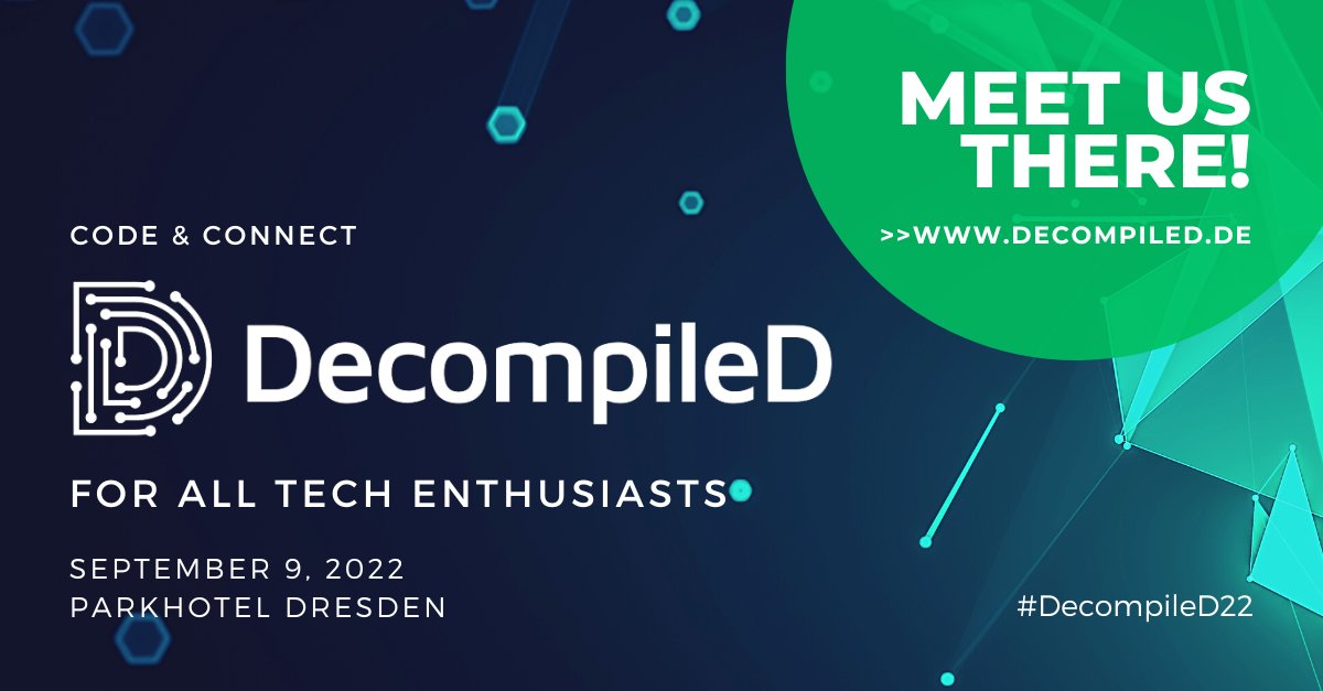 This Friday 🥳 we will dive into the depths of new technologies, trends & best practices in software development @decompiled_conf 🫶
Meet @m_a_r_t_i_n and many more of our team @elevait 
See you there! 
🎟️ bit.ly/3yEQqsU
 #DecompileD22 #elevait #sustainableAI