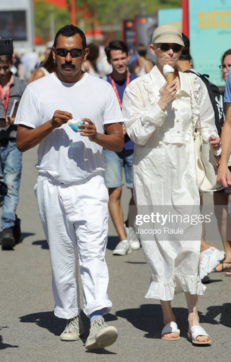 Tilda swinton and haider ackermann in venice eating ice cream and wearing all white 🤍🍨