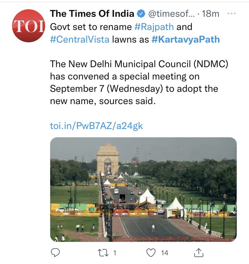 iVishalMN's tweet photo. Today morning Shri @anujdhar made an appeal on social media platforms to change the name of #RajPath and glad to know that @narendramodi ji has decided to rename it to #KartavyaPath 🙏🏻😇 🇮🇳

#JaiHind
#ModiHaiToMumkinHai
#IsliyeModi https://t.co/noD9YNbqRU