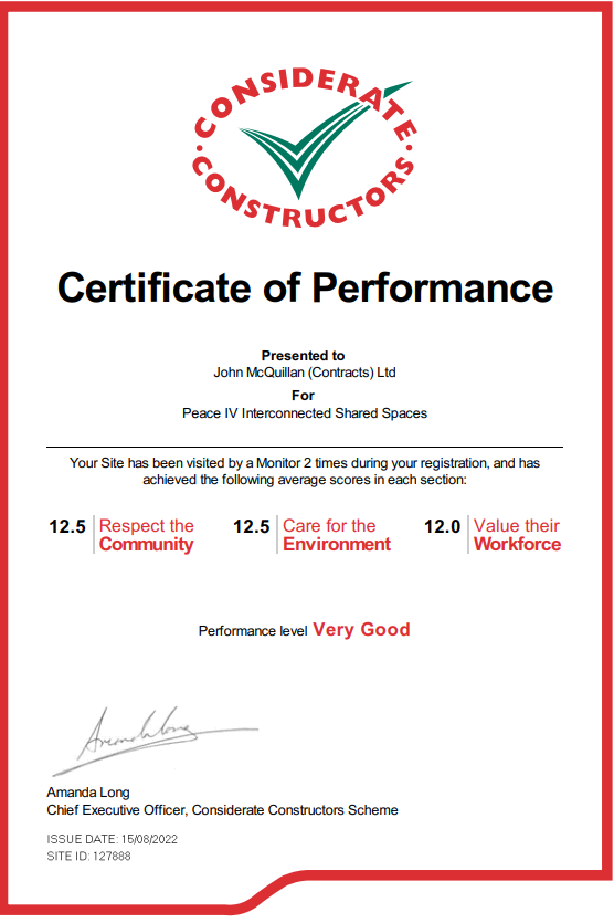 mcqcos's tweet photo. Well done to our John McQuillan Contracts team for the excellent score awarded by Considerate Constructions Scheme.

#johnmcquillancontracts
#considerateconstructionscheme
#peaceIV
#respectthecommunity
#carefortheenvironment
#valuetheworkforce
#welldoneteam https://t.co/mtG4nkGn2o