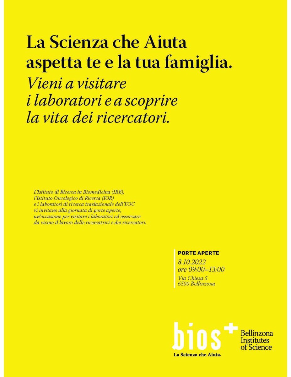 Economia_TI's tweet photo. L’8 ottobre 2022 si potranno visitare i laboratori dell’Istituto di Ricerca in Biomedicina (IRB), dell’Istituto Oncologico di Ricerca (IOR) e quelli di Ricerca Traslazionale dell’Ente Ospedaliero Cantonale (EOC). #ticinoinnovativo #ticinocompetitivo #biosplus #lifesciences https://t.co/X9WhJV8gGt