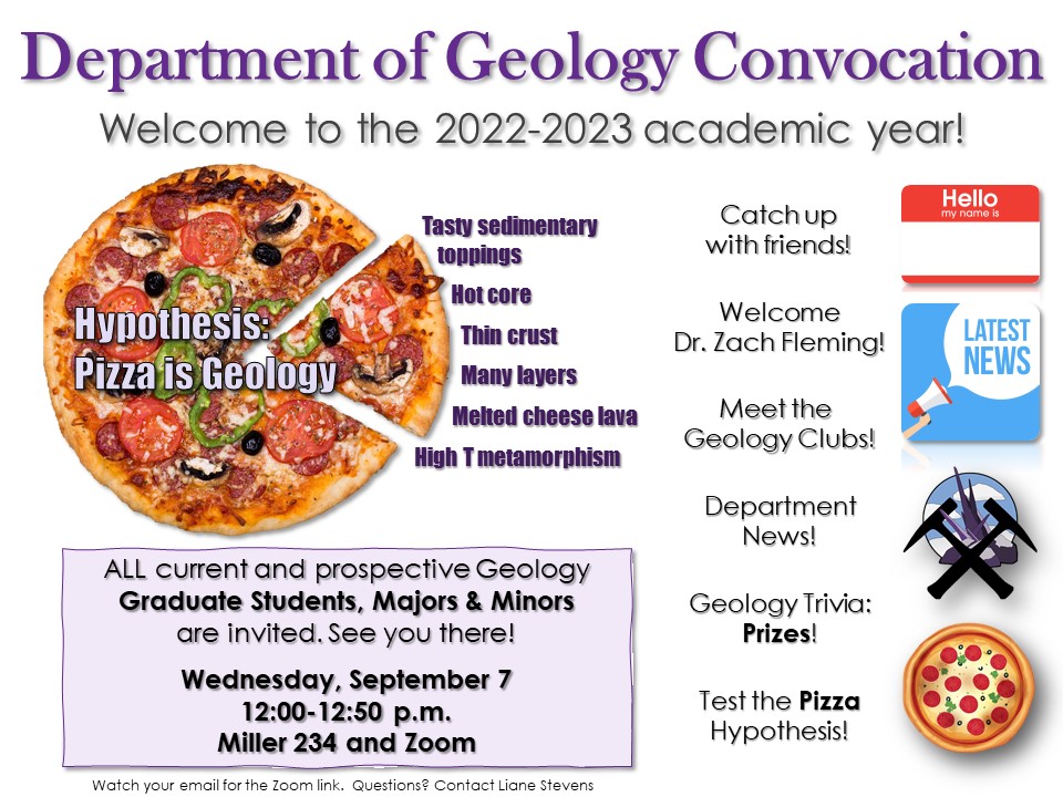 SFAGeology's tweet image. Calling all current and prospective Geology majors, minors, and grad students! Celebrate Wed., 9/7, noon, Miller 234: pizza, trivia, prizes, announcements, introductions!

#GeologyConvocation #SFAGeologyRocks #Fall2022 #Geology #Convocation #Pizza #Trivia #Prizes #AAPG #GAS #SGE